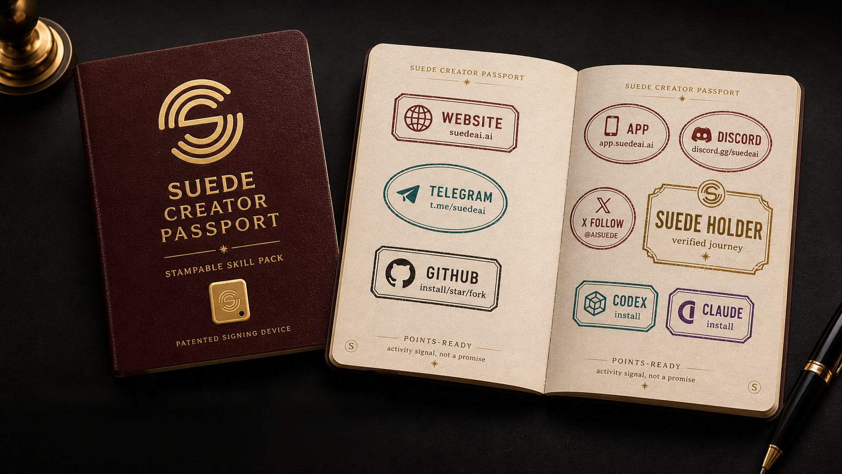 A polished Suede Creator Skills preview with installable skill surfaces for GitHub, Codex, Claude, docs, design, copy, and creator workflows.