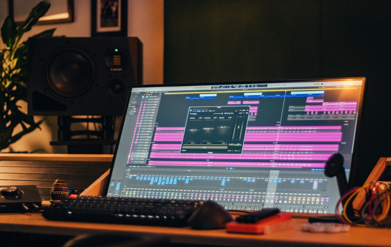 A studio workstation with a large screen for design and media review.